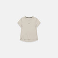 AFTR Motion T, a beige women's t-shirt with a curved hem and small chest logo, front view
