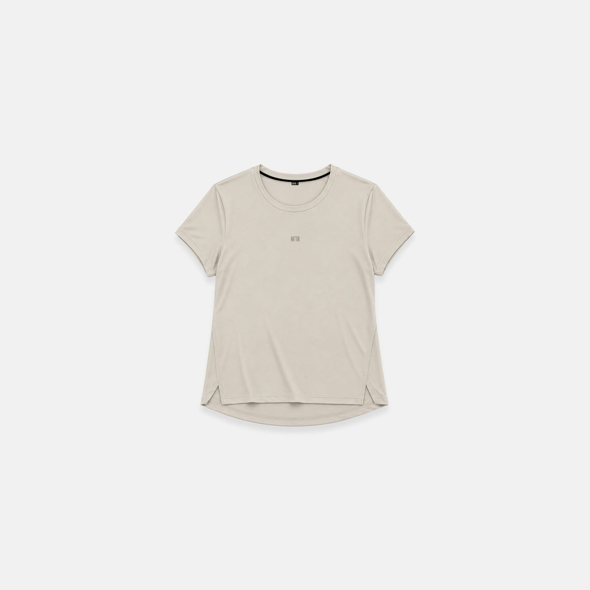 AFTR Motion T, a beige women's t-shirt with a curved hem and small chest logo, front view
